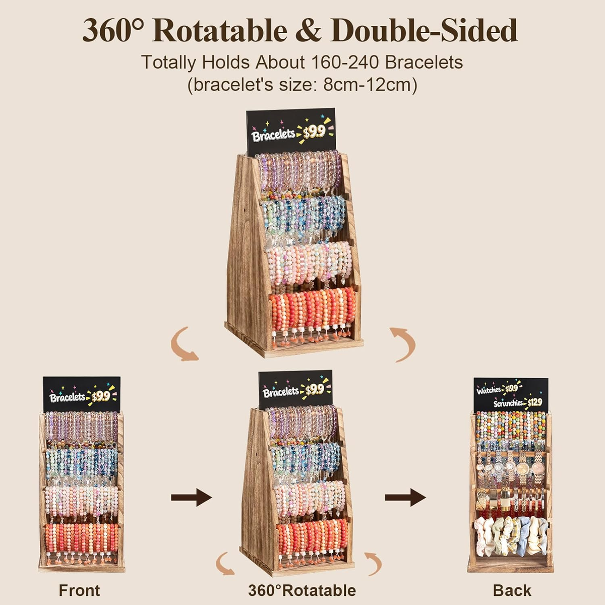 Dinmligt Double-Sided Rotating Bracelet Holder, 4 Tiers Wood Bracelet Display Stand