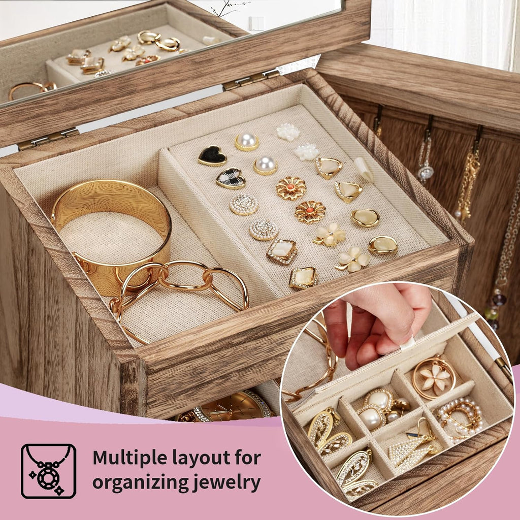 6 Layer Rustic Wooden Jewelry Boxes & Organizers with Mirror