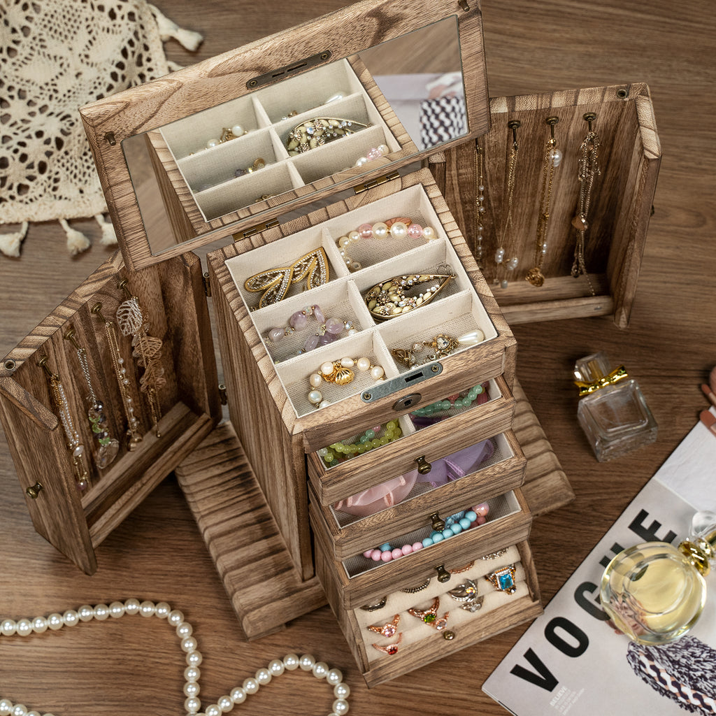 Dinmligt 5 Layer Large Wooden Jewelry Boxes & Organizers with Lock,Rustic Brown