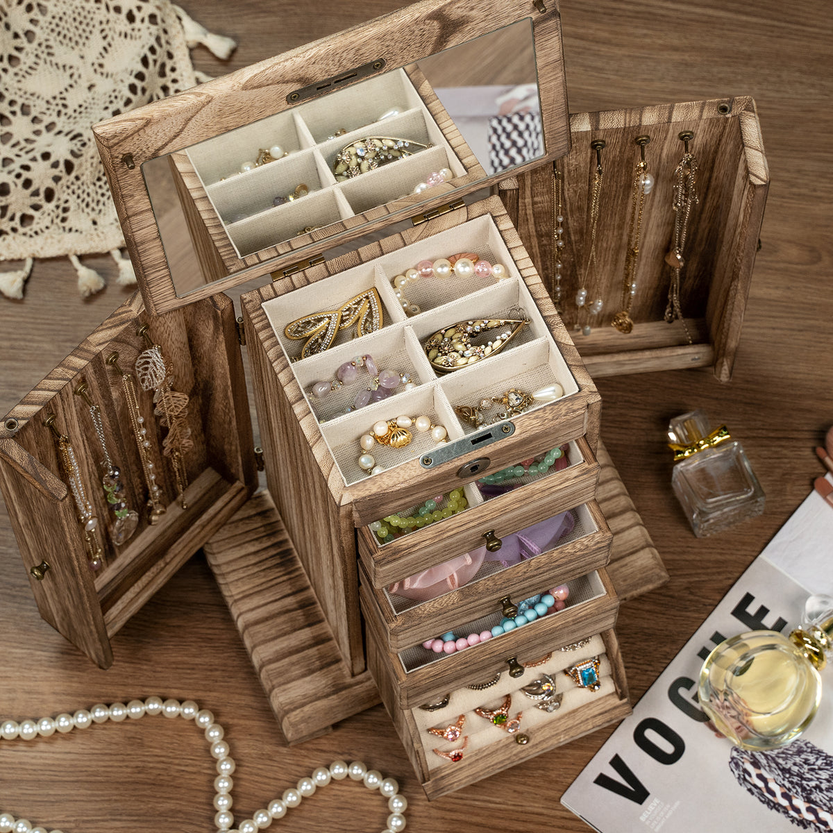 Dinmligt 5 Layer Large Wooden Jewelry Boxes & Organizers with Lock,Rustic Brown