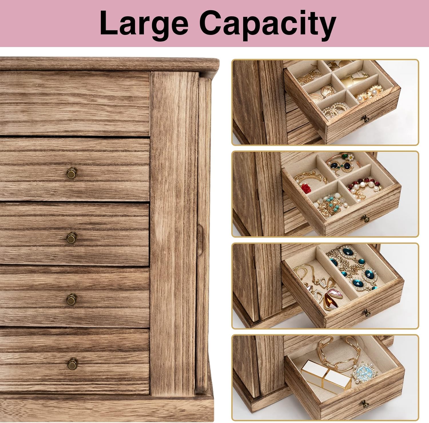 5 Layer Large Wood Jewelry Boxes & Organizers for Necklaces Earrings Rings Bracelets