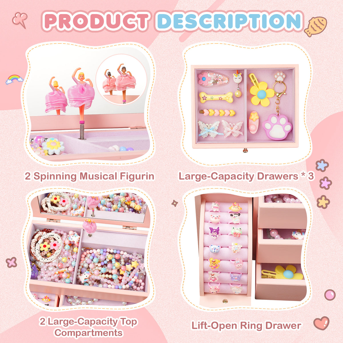 Musical Jewelry Box for Girls, Kids Jewelry Box with Spinning Dancer