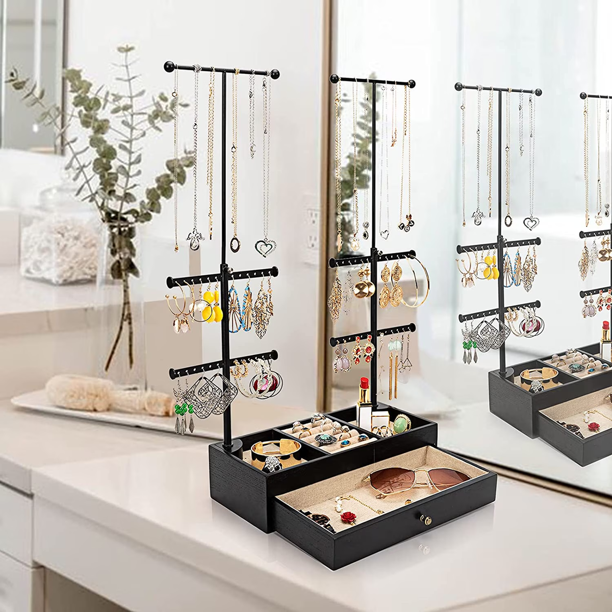 Jewelry Organizer Stand, Wood Jewelry Drawer Storage Box with Double Rods