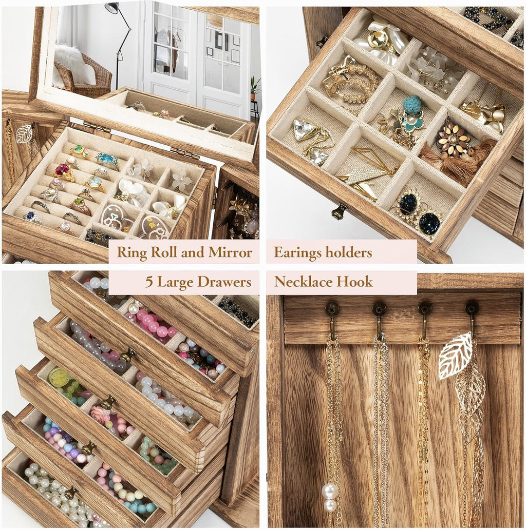 Dinmligt Jewelry Box for Women, 6-Tier Large Jewelry Organizer Boxes with Mirror