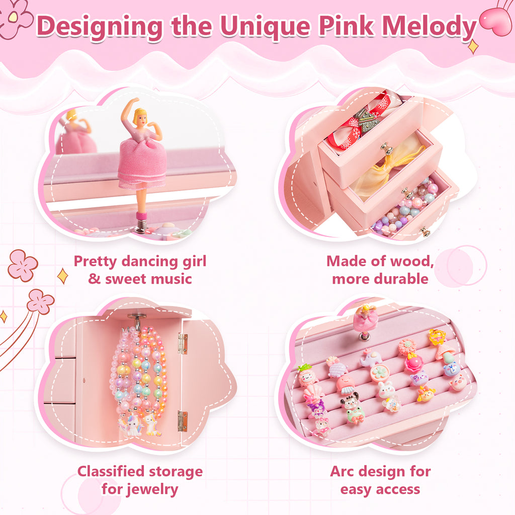 Musical Jewelry Box for Girls, Wooden Jewelry Organizer Box with Mirror