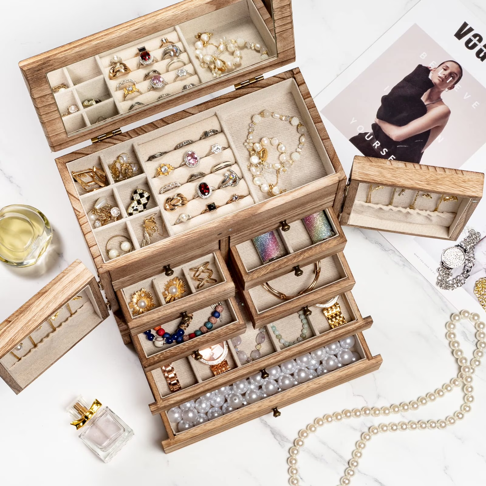 6-Layer Jewelry Box with Mirror & 8 Drawers for Women