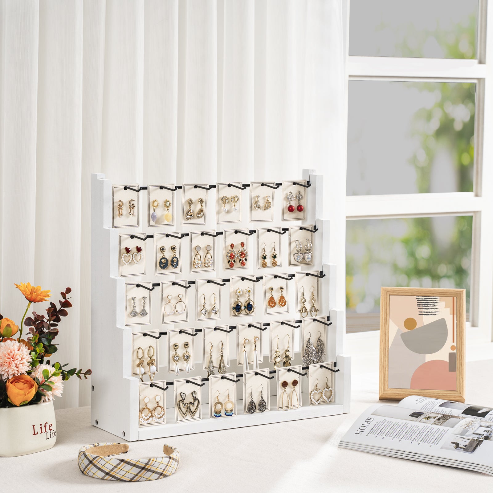 Earring Display for Vendors, 30 Hooks Solid Wood Jewelry Display for Vendors Selling