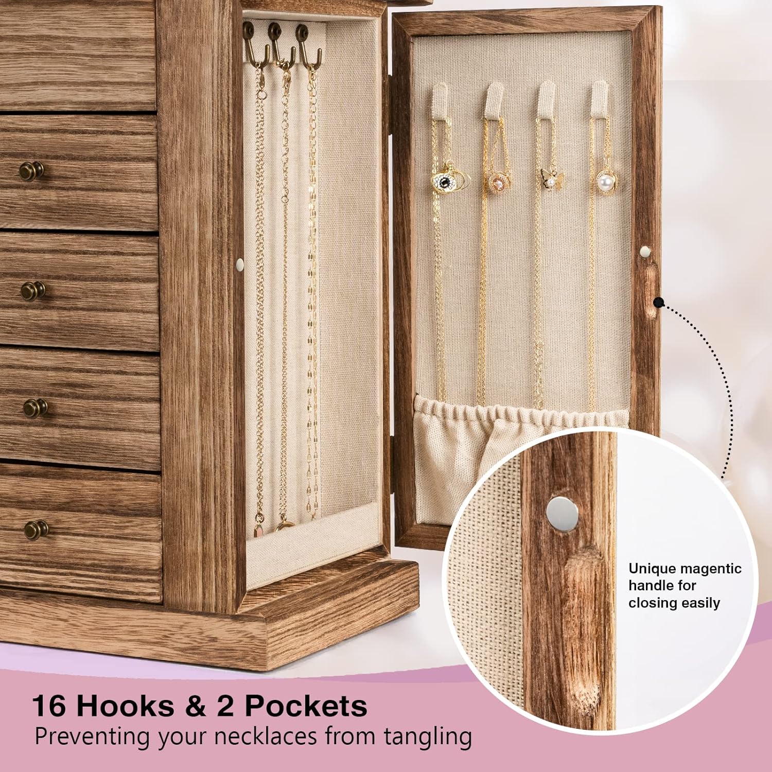 5 Layer Large Wood Jewelry Boxes & Organizers for Necklaces Earrings Rings Bracelets