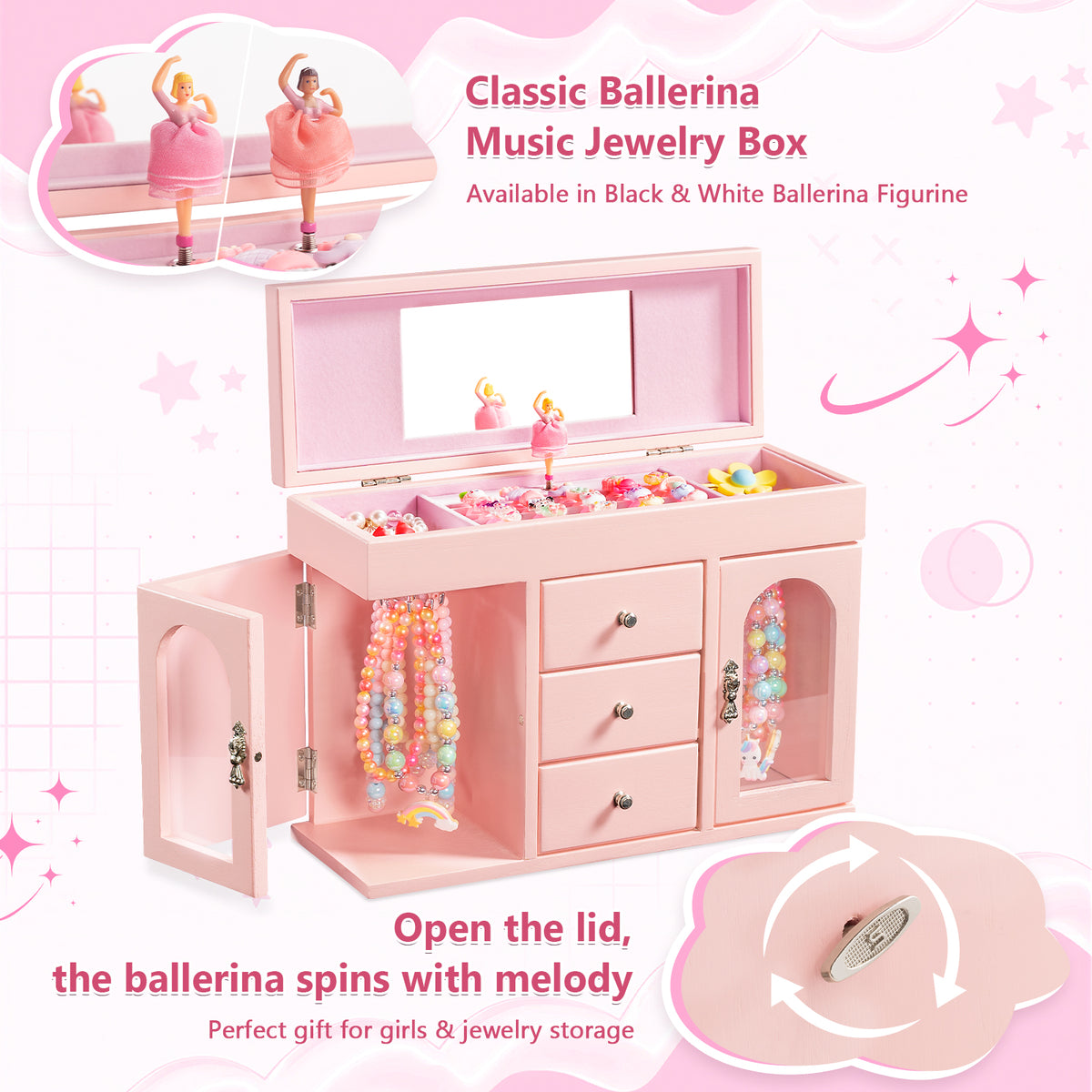 Musical Jewelry Box for Girls, Wooden Jewelry Organizer Box with Mirror
