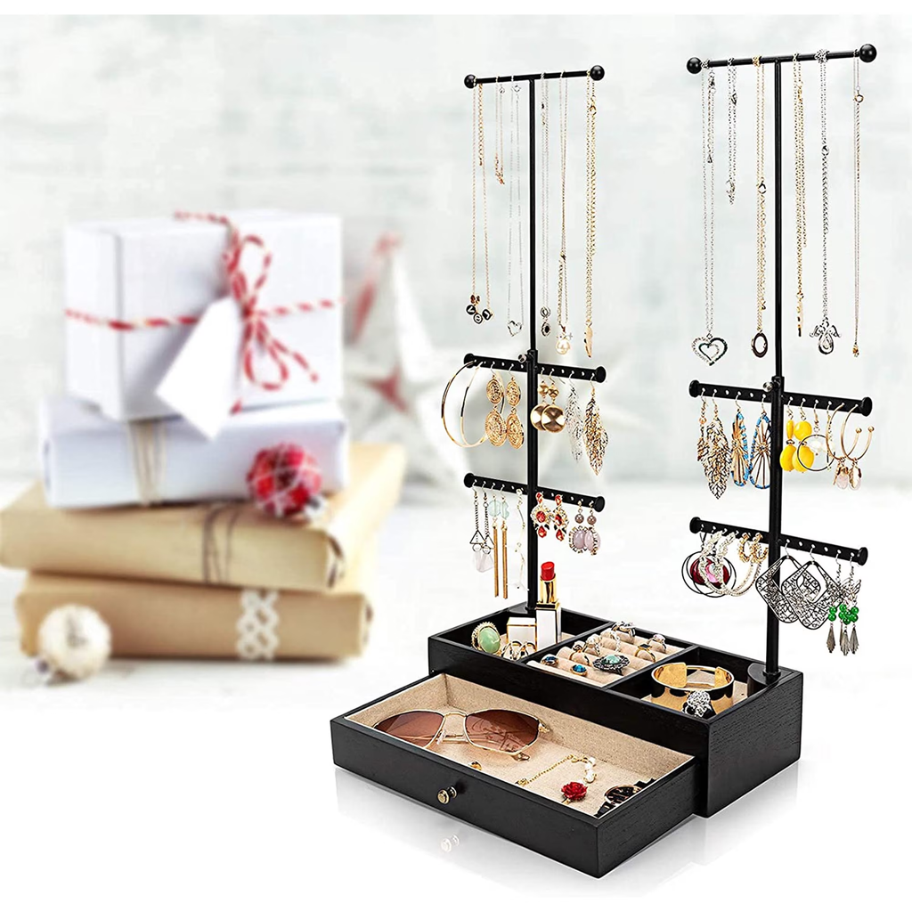 Jewelry Organizer Stand, Wood Jewelry Drawer Storage Box with Double Rods