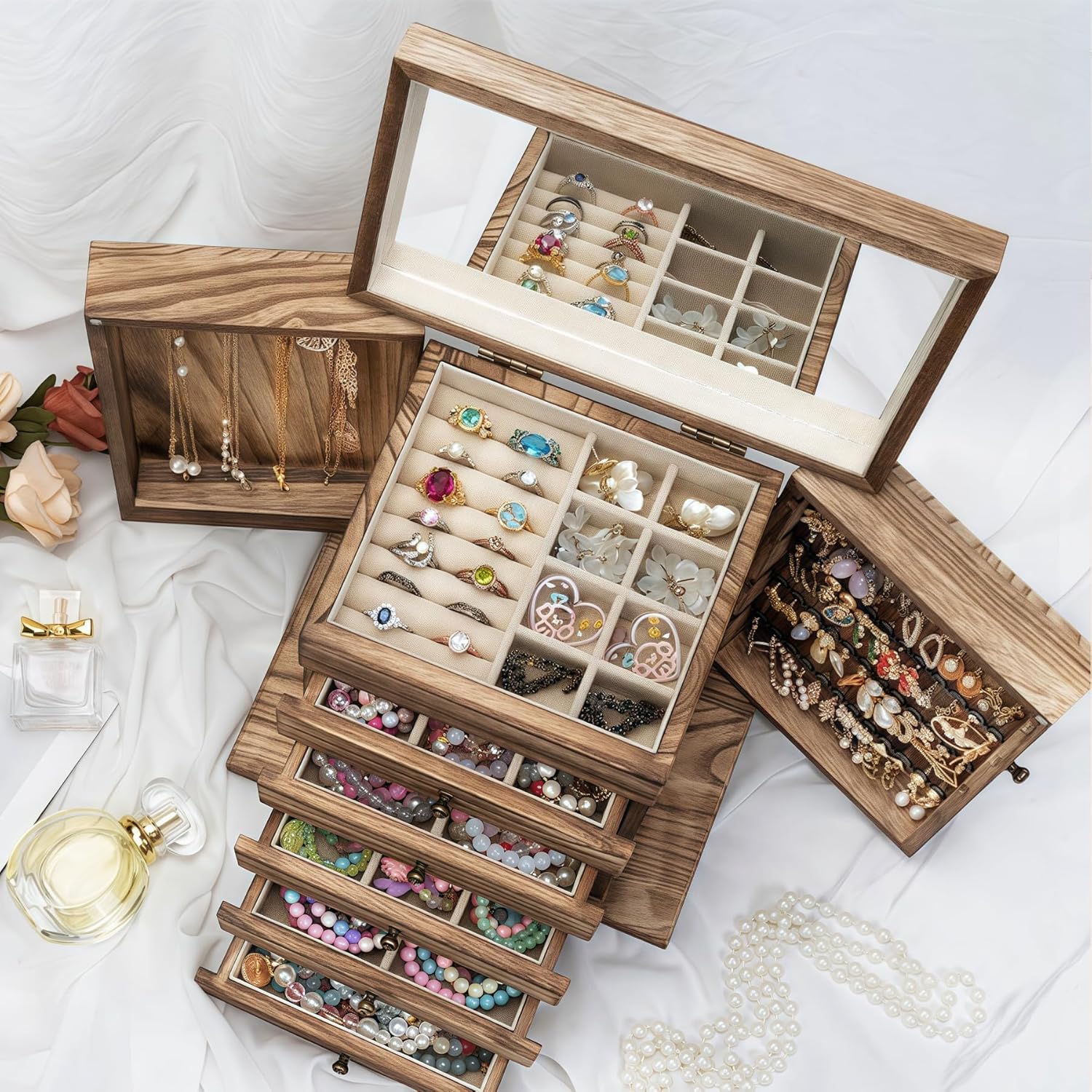Dinmligt Jewelry Box for Women, 6-Tier Large Jewelry Organizer Boxes with Mirror