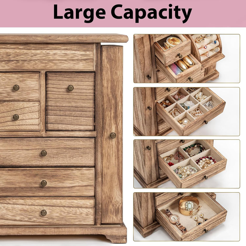 6 Layer Rustic Wooden Jewelry Boxes & Organizers with Mirror