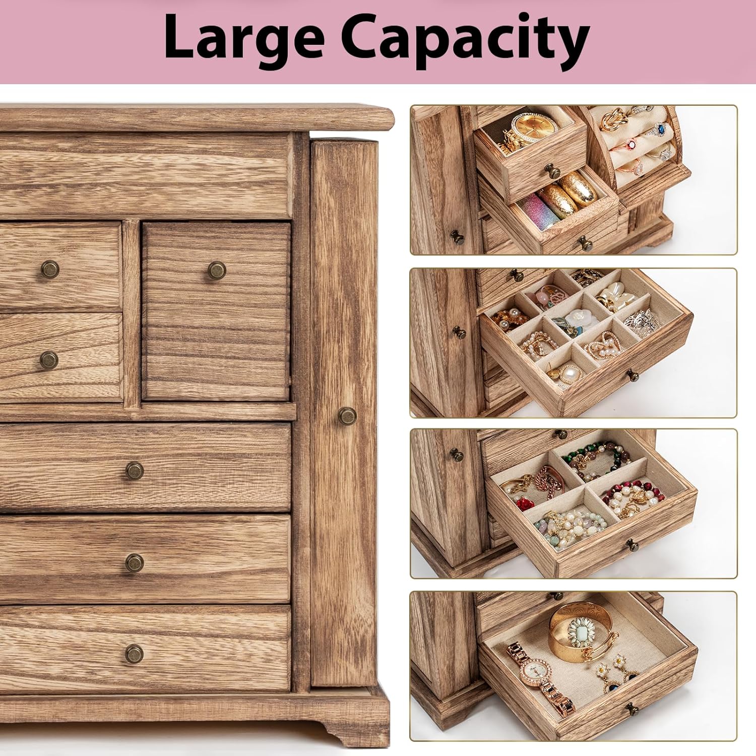 6 Layer Rustic Wooden Jewelry Boxes & Organizers with Mirror