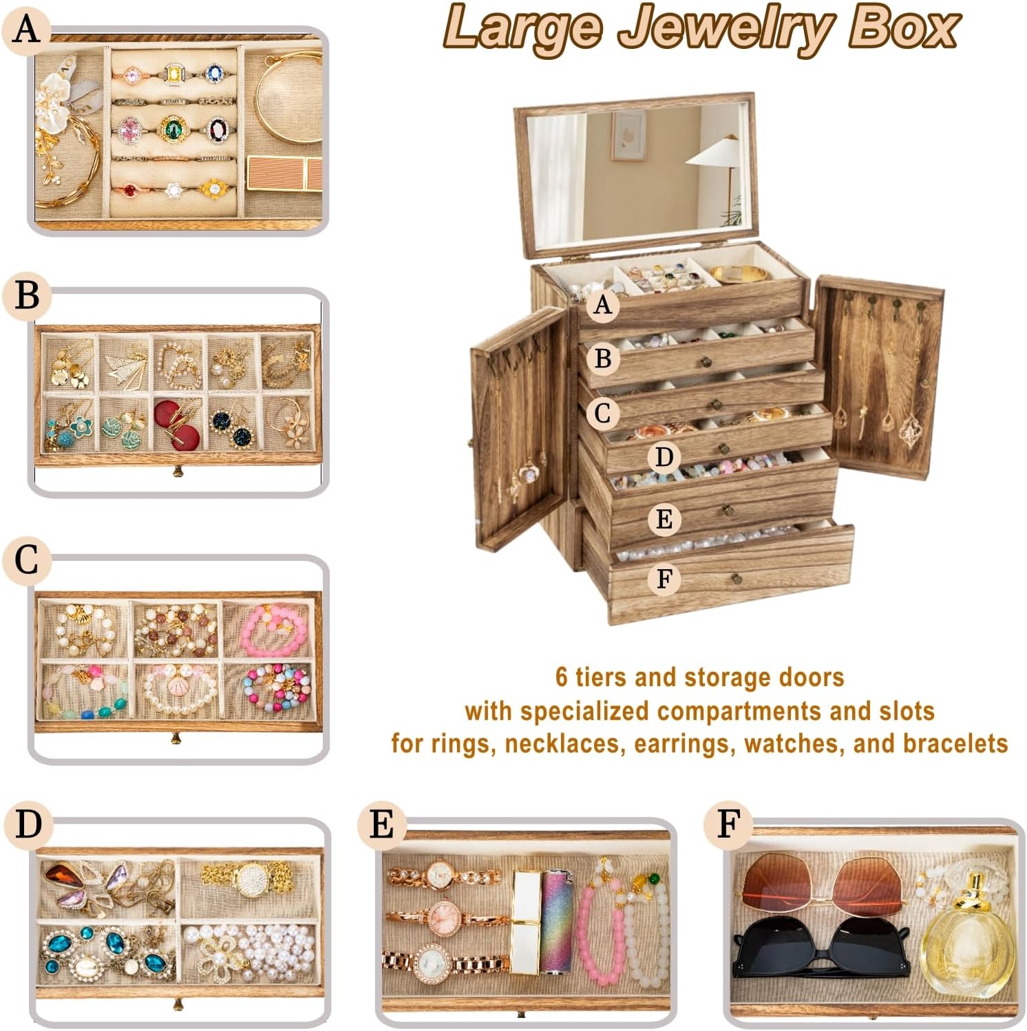 Sfugno Jewelry Box, 6-Tier Large Wooden Jewelry Organizer Boxes