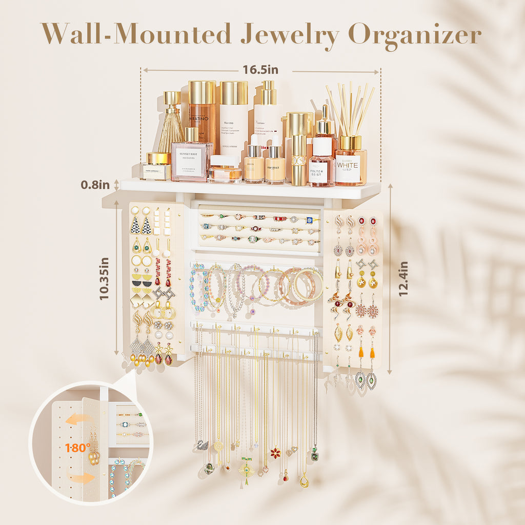 Wood Wall Mounted Jewelry Holder and Jewelry Storage for Necklaces Bracelets Earrings Rings
