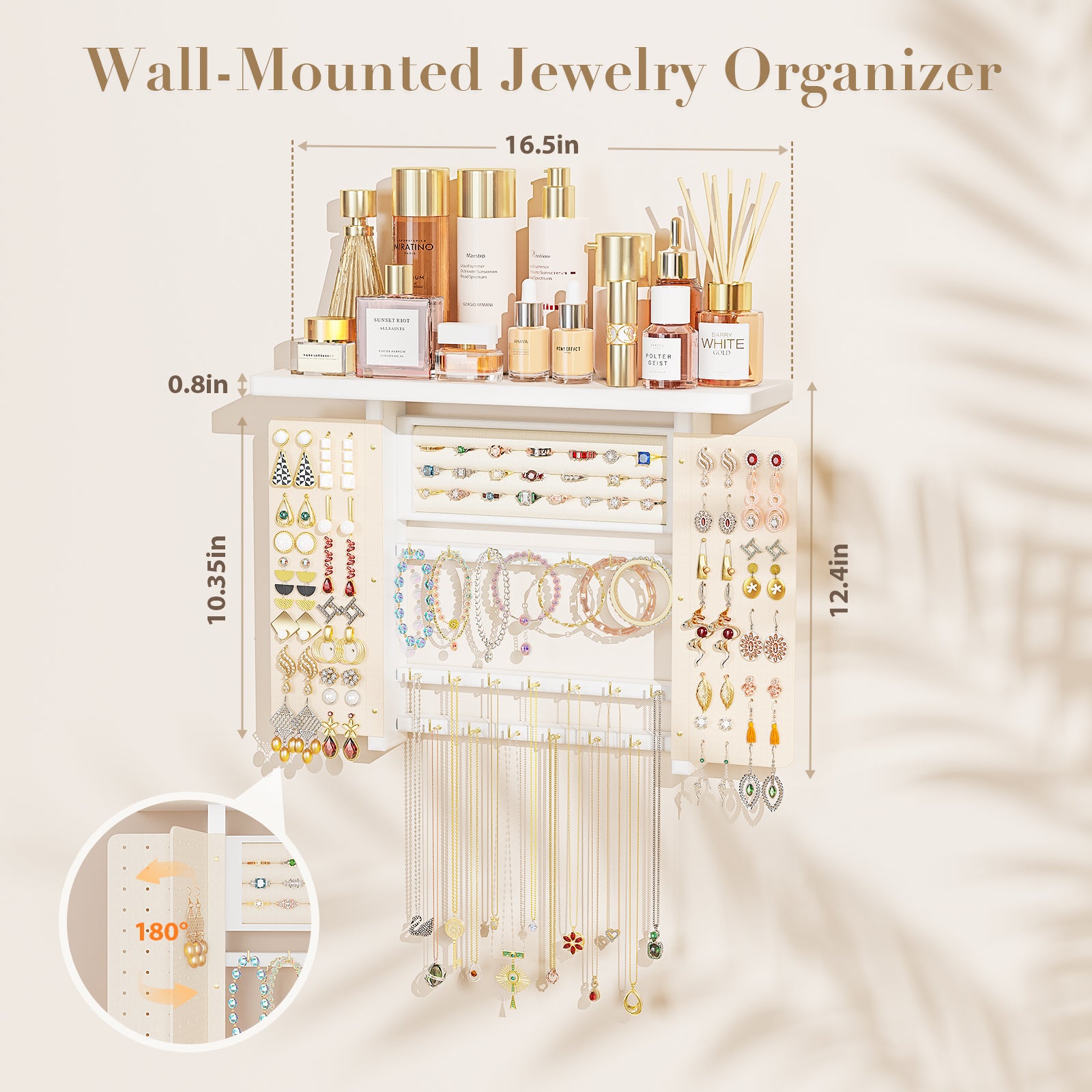 Wood Wall Mounted Jewelry Holder and Jewelry Storage for Necklaces Bracelets Earrings Rings