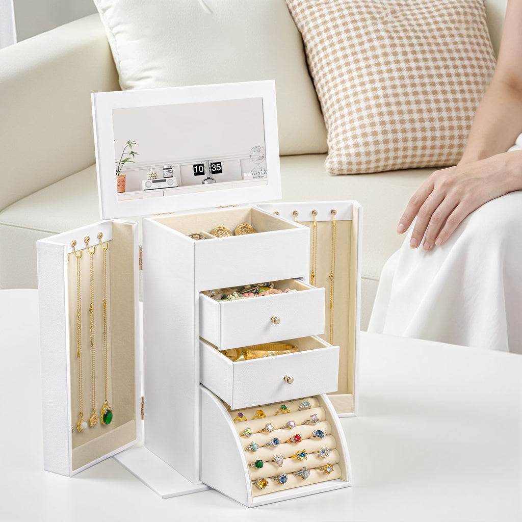 Sfugno 4 Layer Leather Jewelry Boxes,White