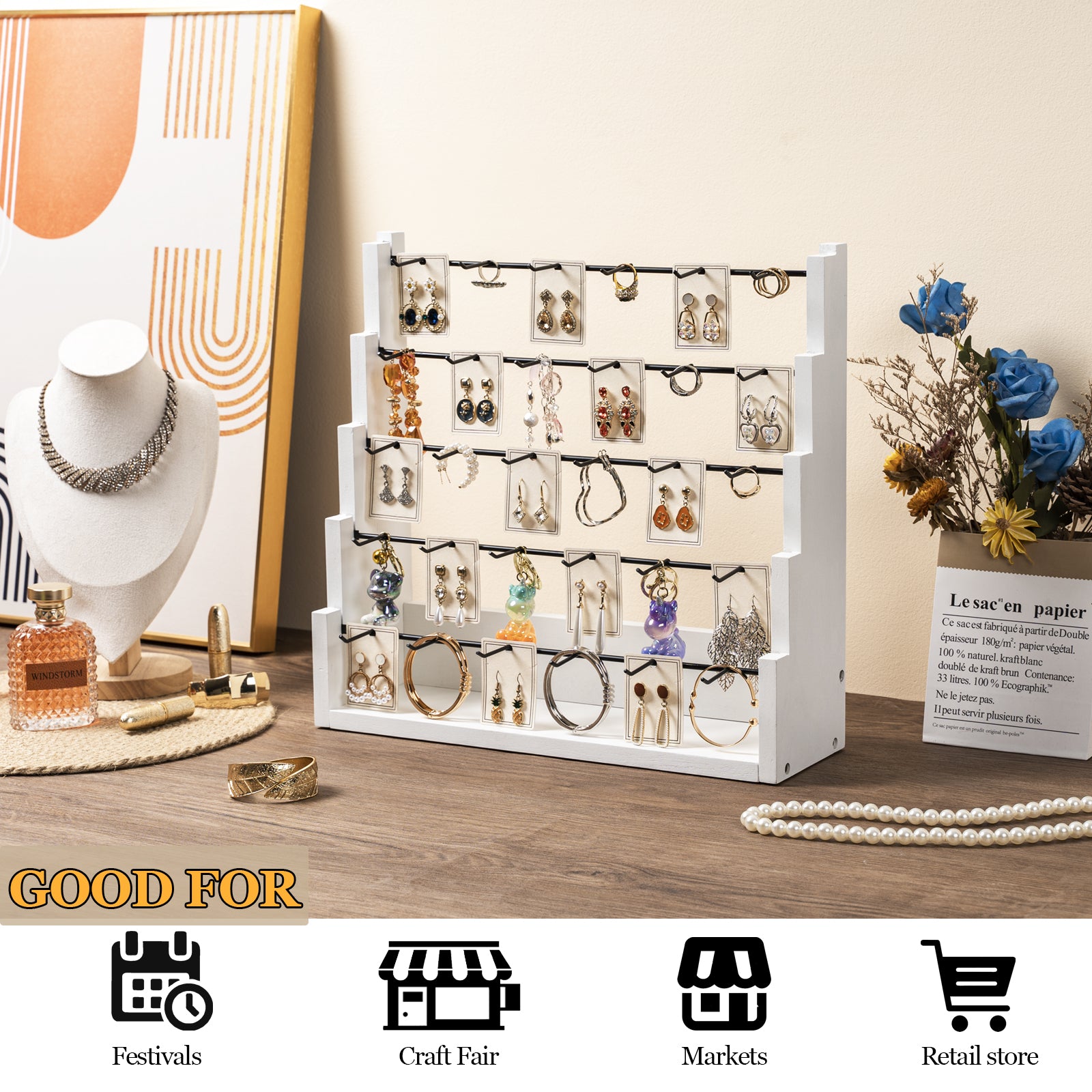 Earring Display for Vendors, 30 Hooks Solid Wood Jewelry Display for Vendors Selling
