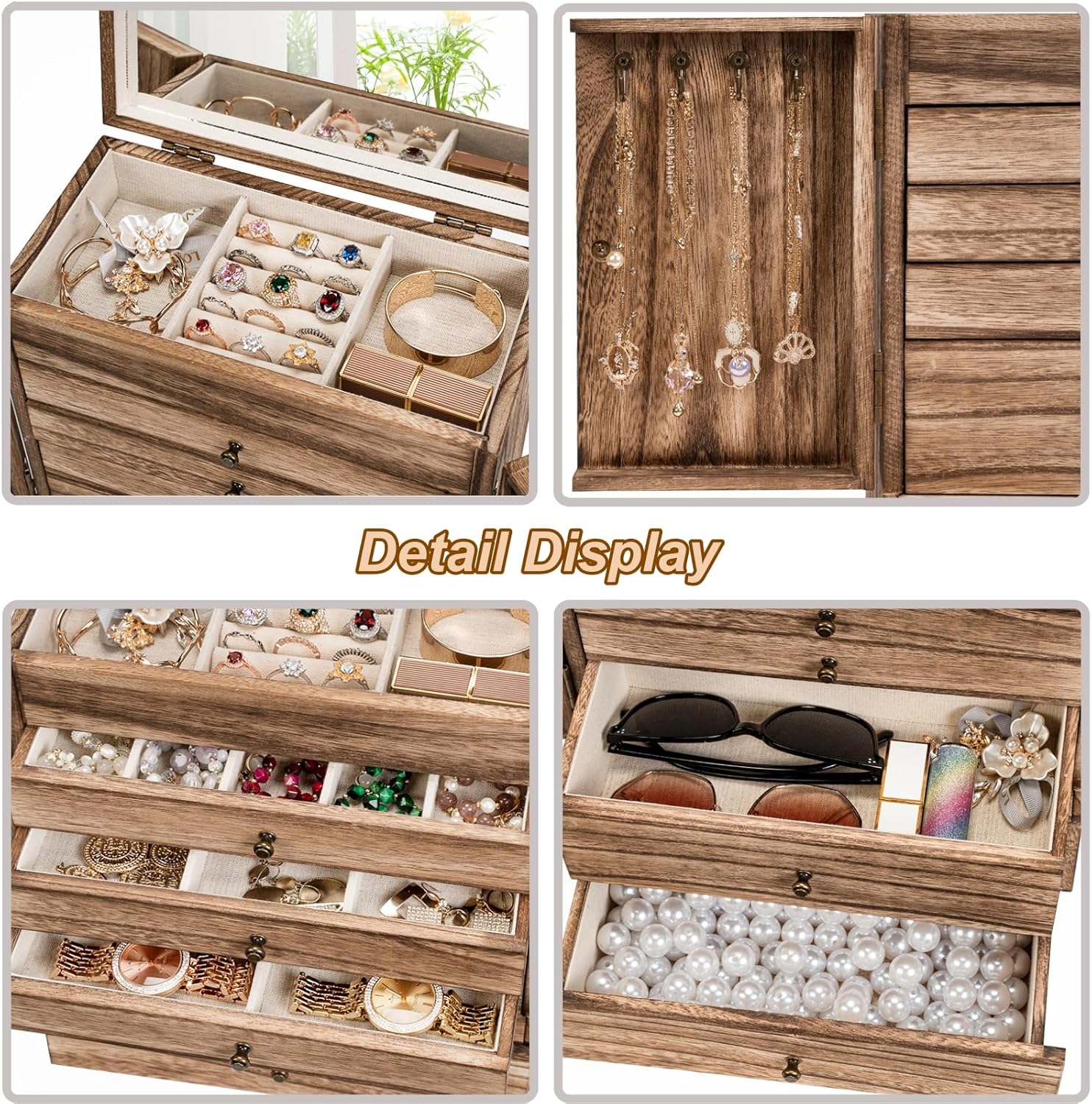 Sfugno Jewelry Box, 6-Tier Large Wooden Jewelry Organizer Boxes