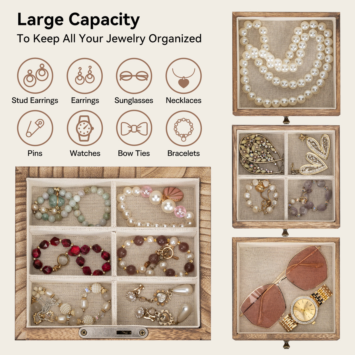 Dinmligt 5 Layer Large Wooden Jewelry Boxes & Organizers with Lock,Rustic Brown