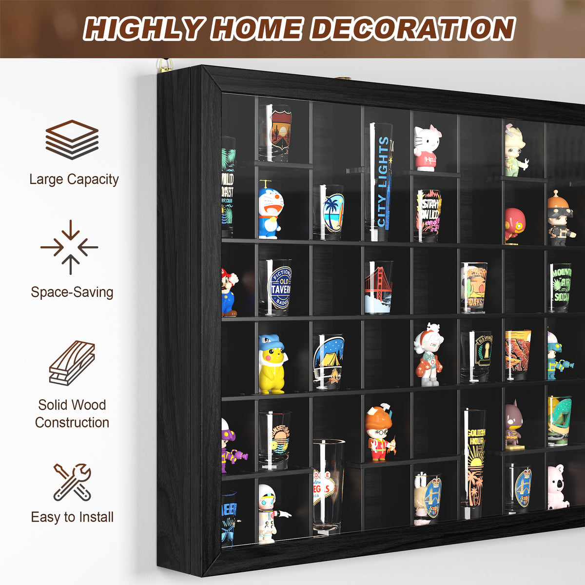 Wood Display Case, Wall Mounted Display Cabinet for Figurines Toys With Lockable Acrylic Door