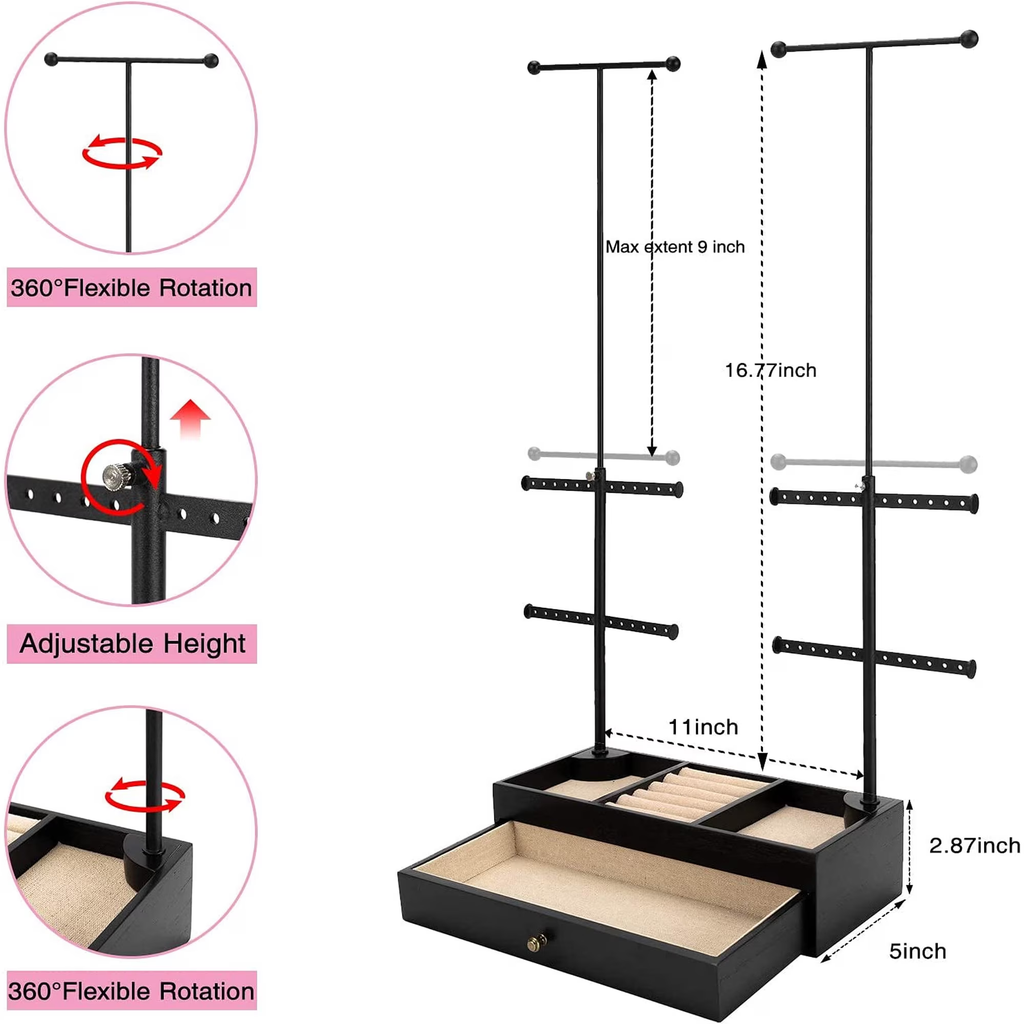 Jewelry Organizer Stand, Wood Jewelry Drawer Storage Box with Double Rods