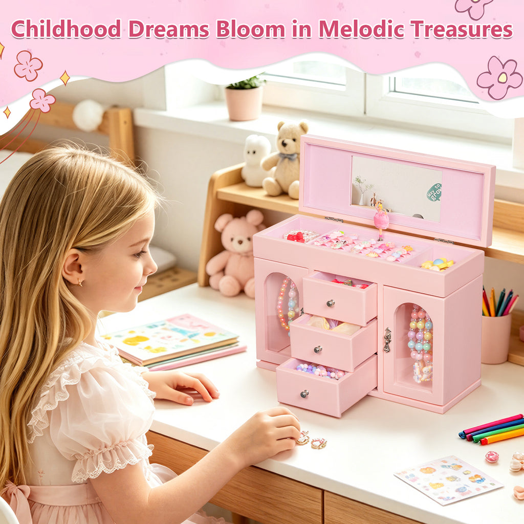 Musical Jewelry Box for Girls, Wooden Jewelry Organizer Box with Mirror