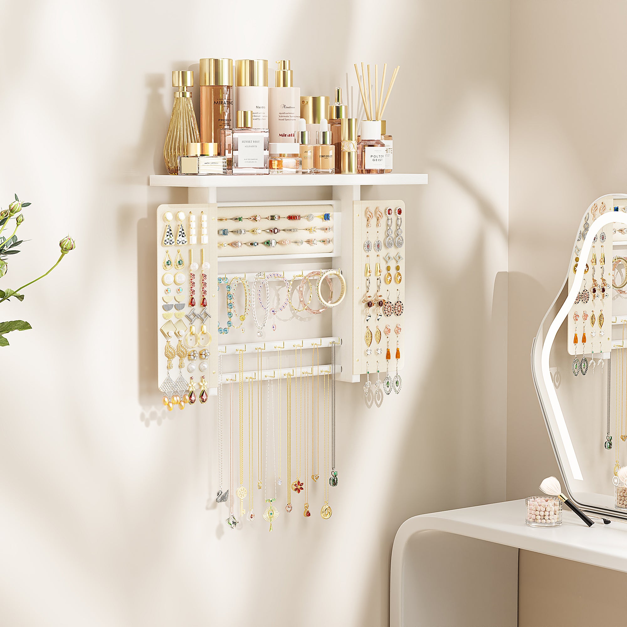 Wood Wall Mounted Jewelry Holder and Jewelry Storage for Necklaces Bracelets Earrings Rings