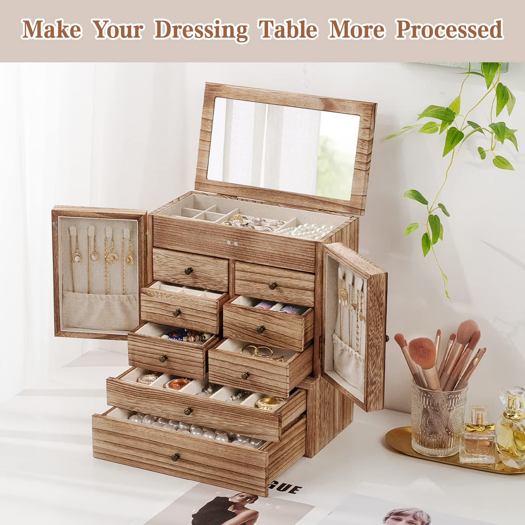 6-Layer Jewelry Box with Mirror & 8 Drawers for Women