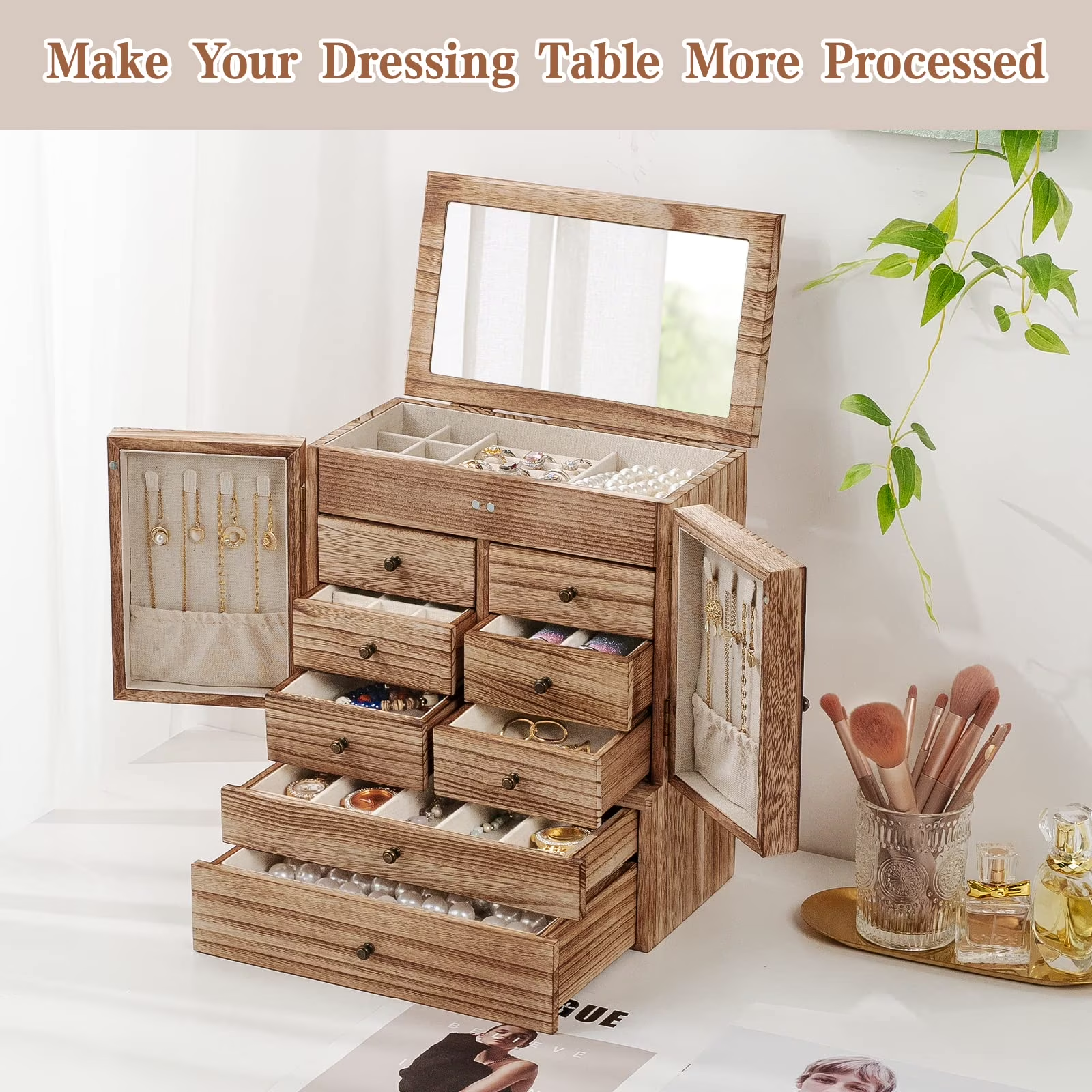 6-Layer Jewelry Box with Mirror & 8 Drawers for Women