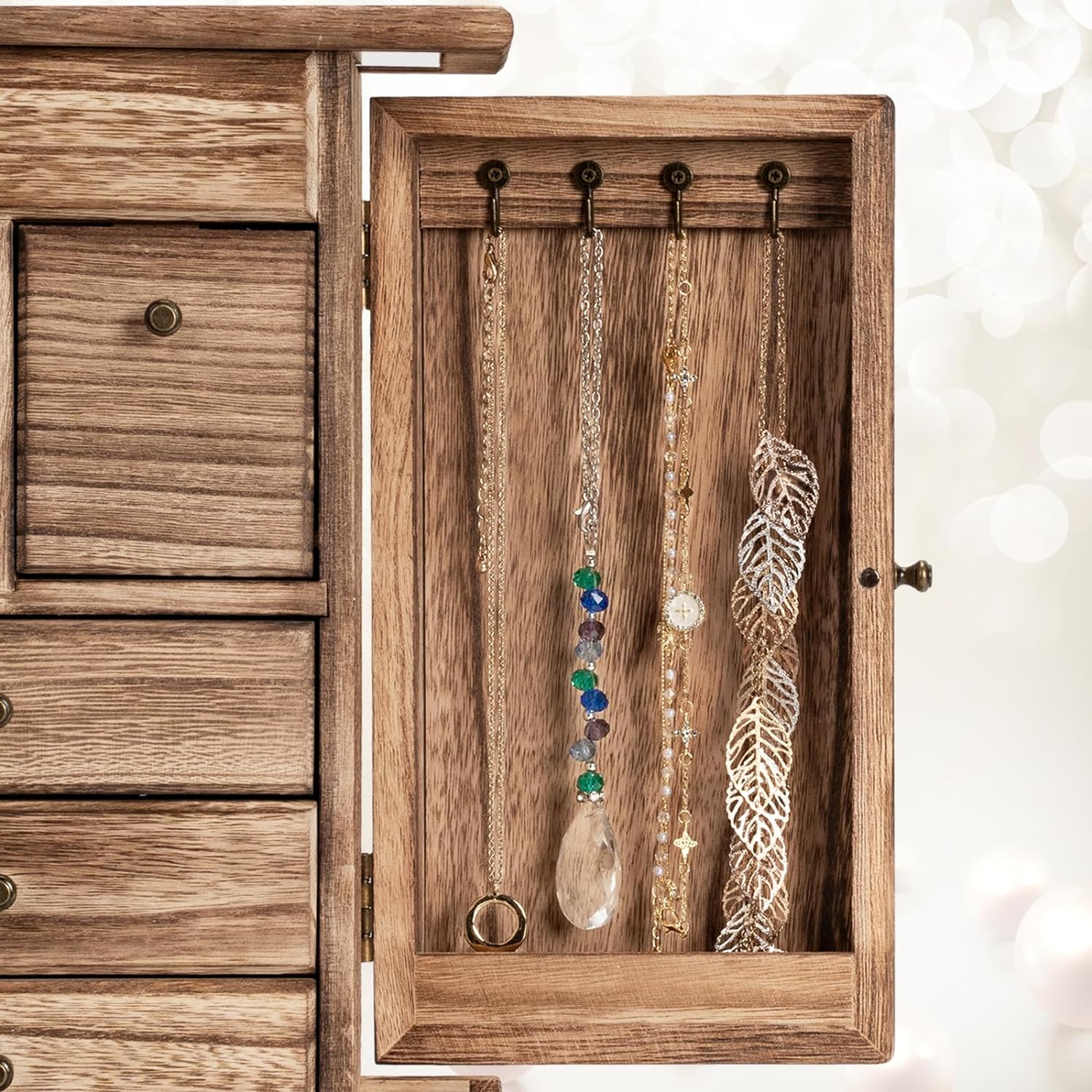 6 Layer Rustic Wooden Jewelry Boxes & Organizers with Mirror