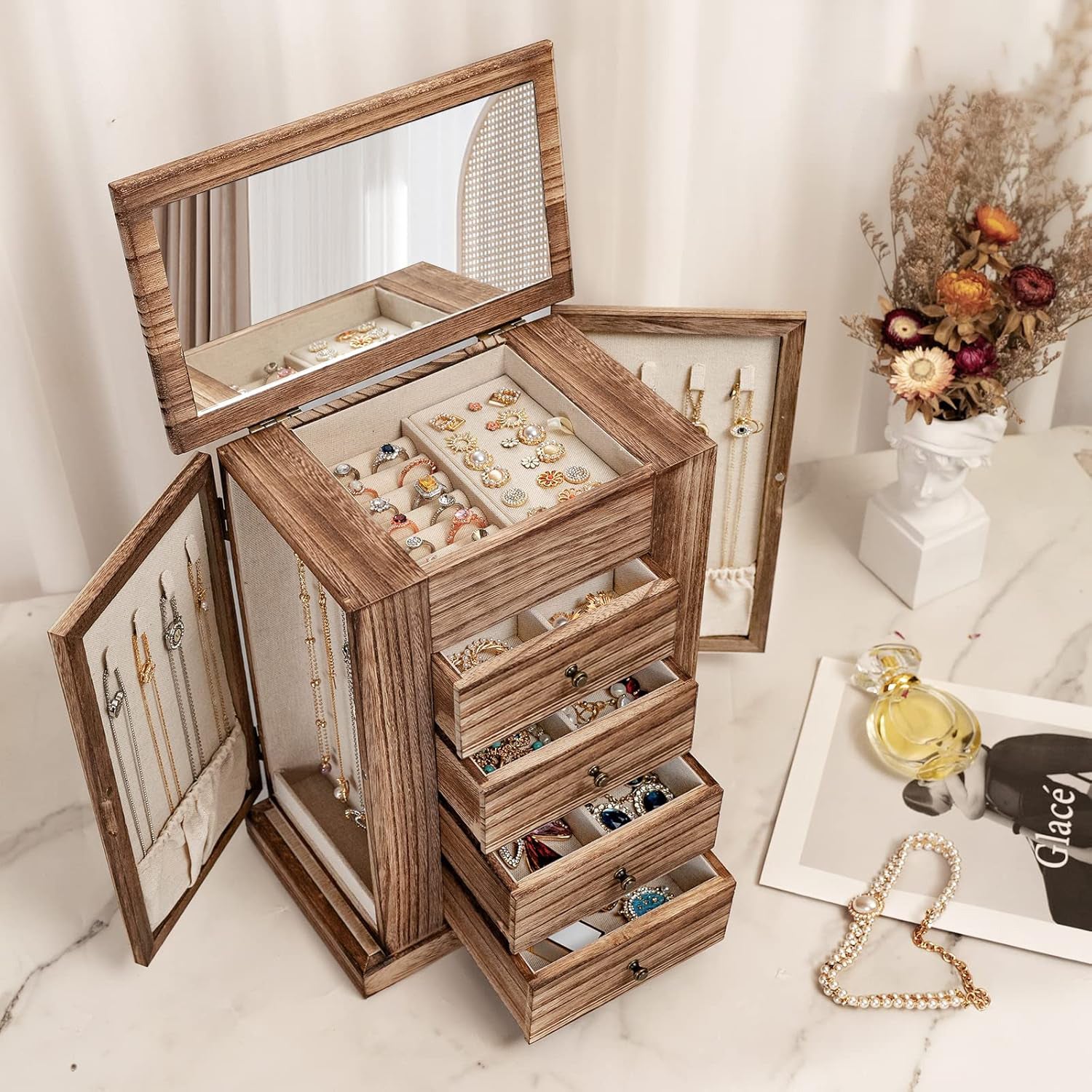 5 Layer Large Wood Jewelry Boxes & Organizers for Necklaces Earrings Rings Bracelets