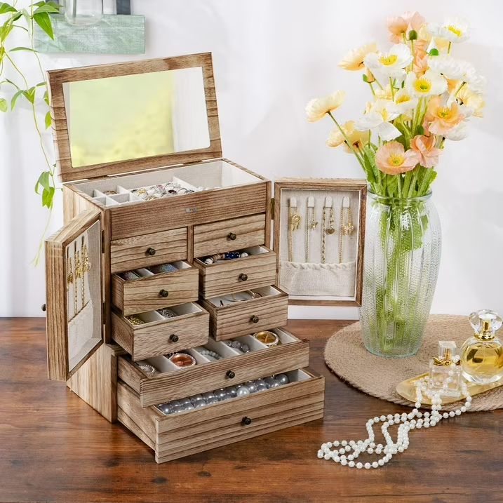 6-Layer Jewelry Box with Mirror & 8 Drawers for Women