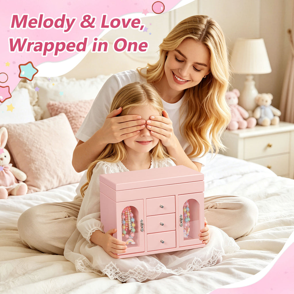 Musical Jewelry Box for Girls, Wooden Jewelry Organizer Box with Mirror