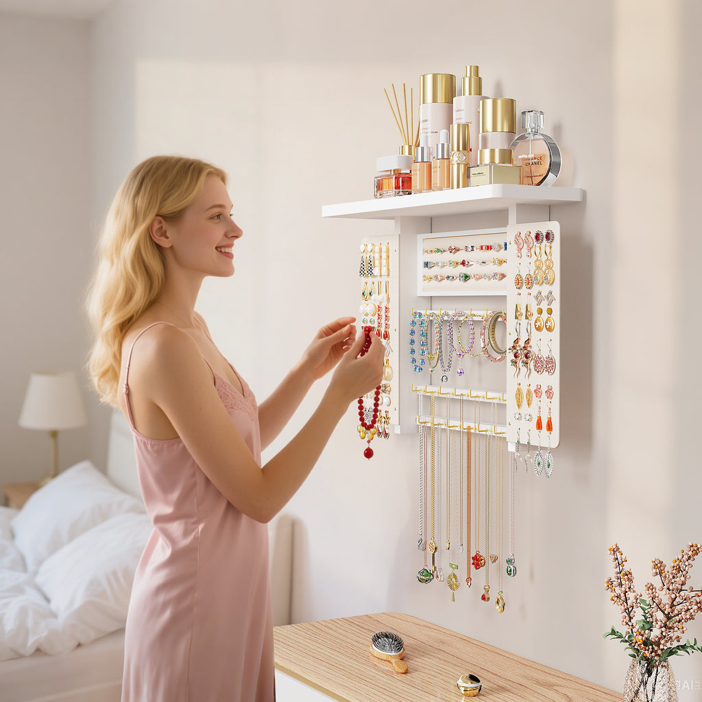 Wood Wall Mounted Jewelry Holder and Jewelry Storage for Necklaces Bracelets Earrings Rings