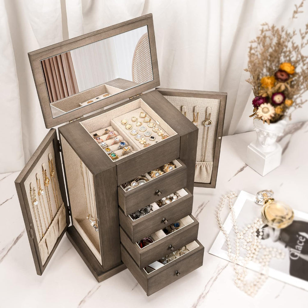 5 Layer Large Wood Jewelry Boxes & Organizers for Necklaces Earrings Rings Bracelets