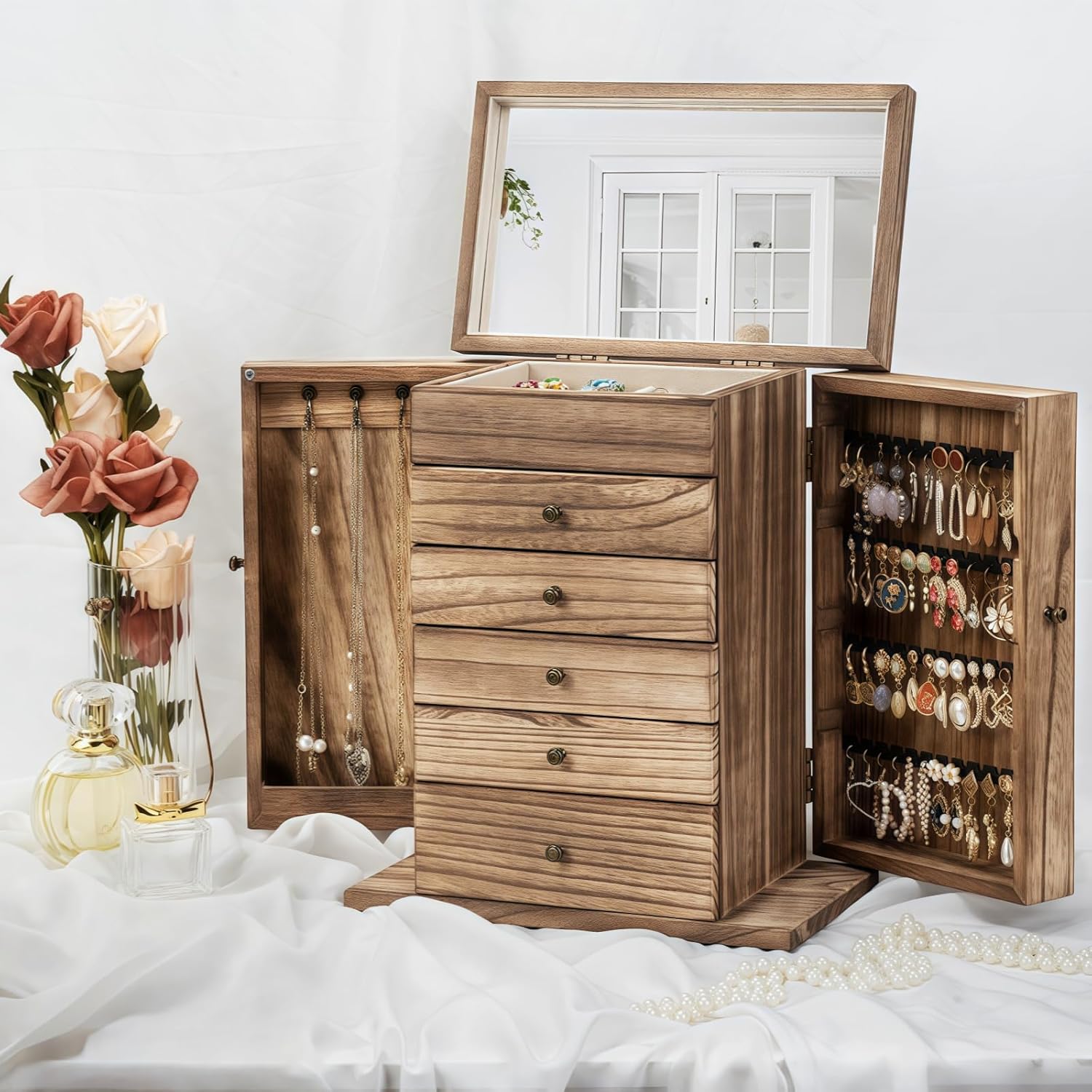 Dinmligt Jewelry Box for Women, 6-Tier Large Jewelry Organizer Boxes with Mirror