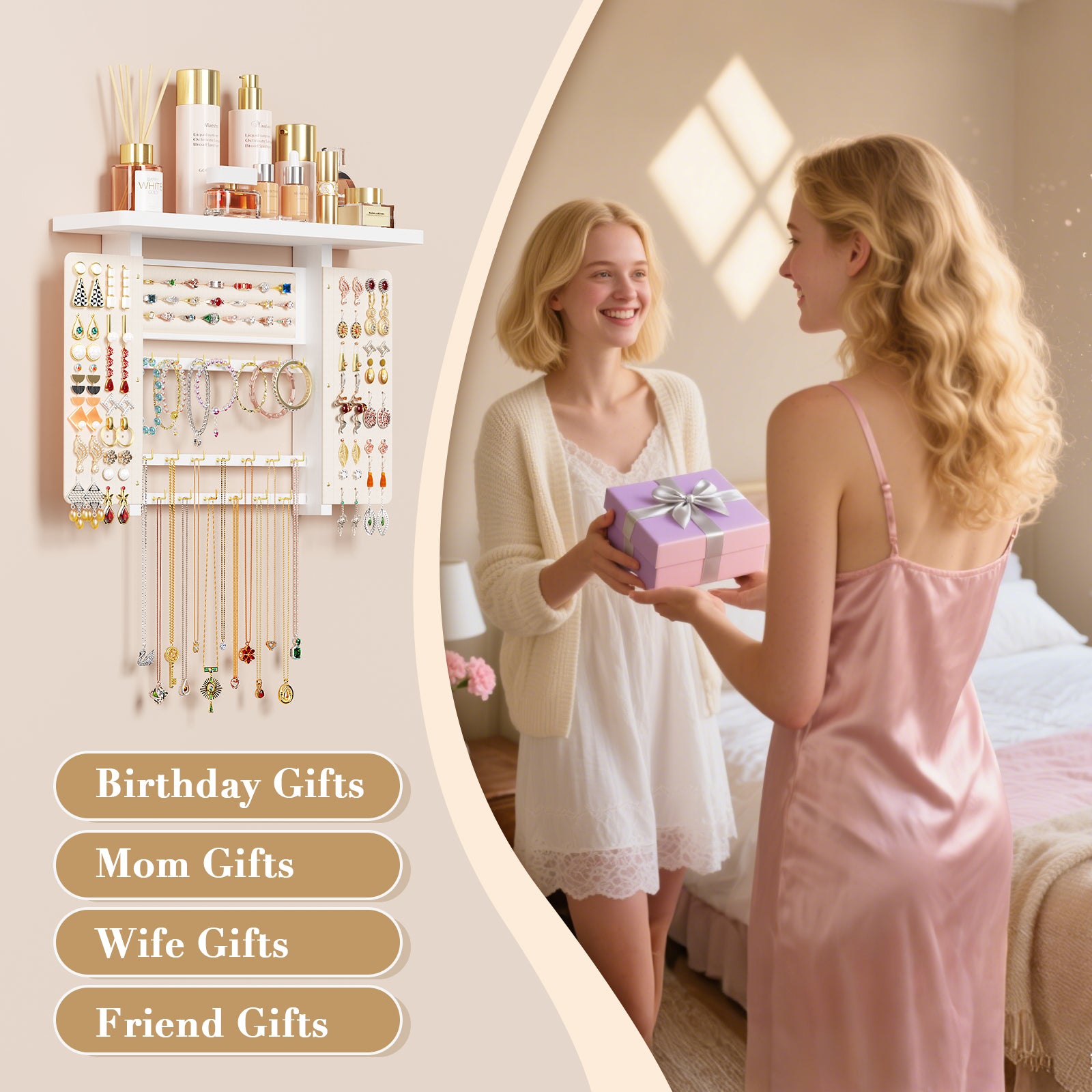 Wood Wall Mounted Jewelry Holder and Jewelry Storage for Necklaces Bracelets Earrings Rings