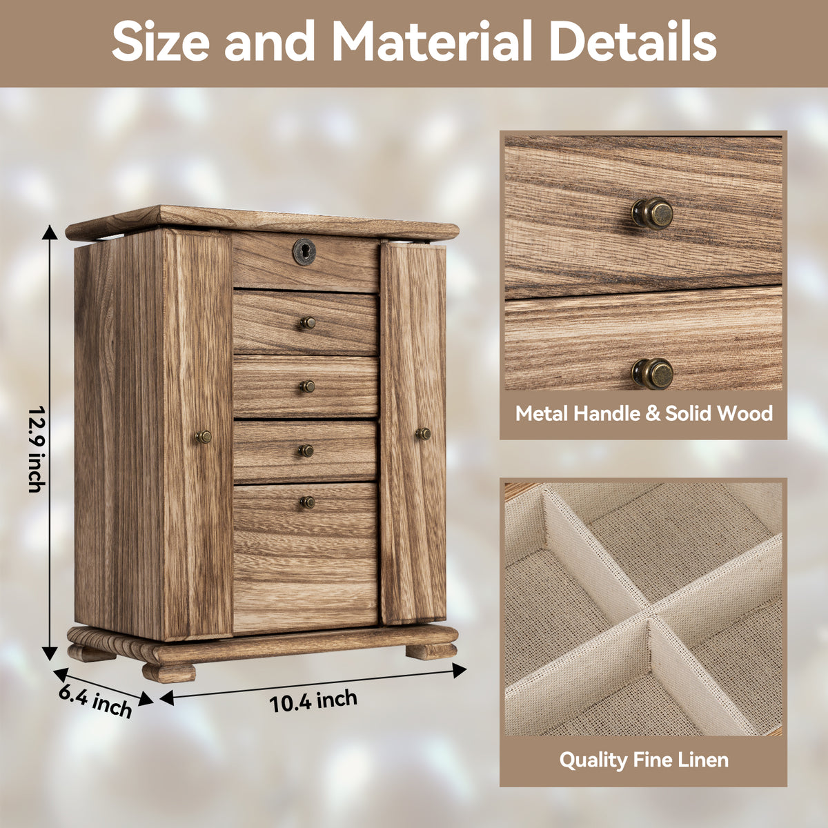 Dinmligt 5 Layer Large Wooden Jewelry Boxes & Organizers with Lock,Rustic Brown