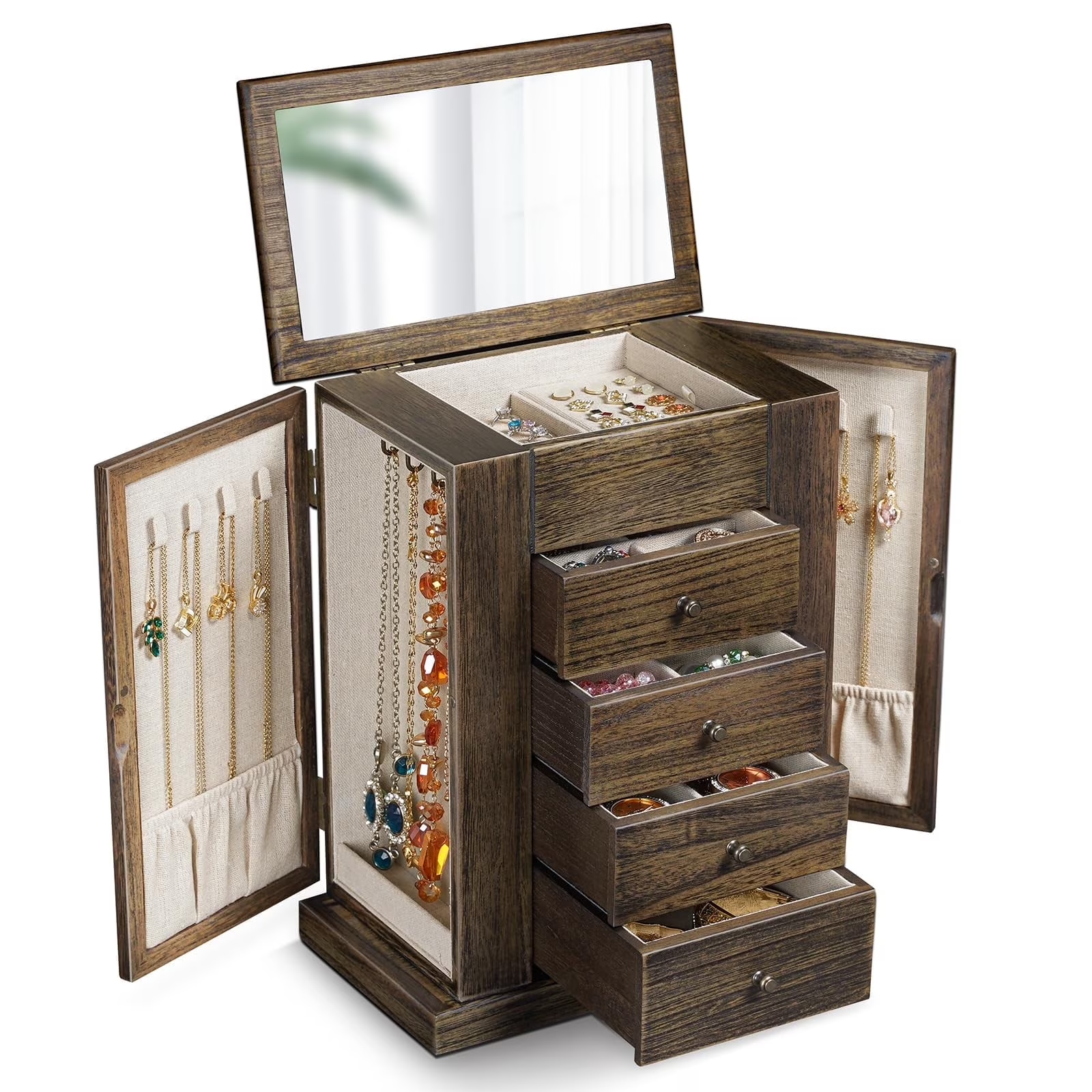 5 Layer Large Wood Jewelry Boxes & Organizers for Necklaces Earrings Rings Bracelets