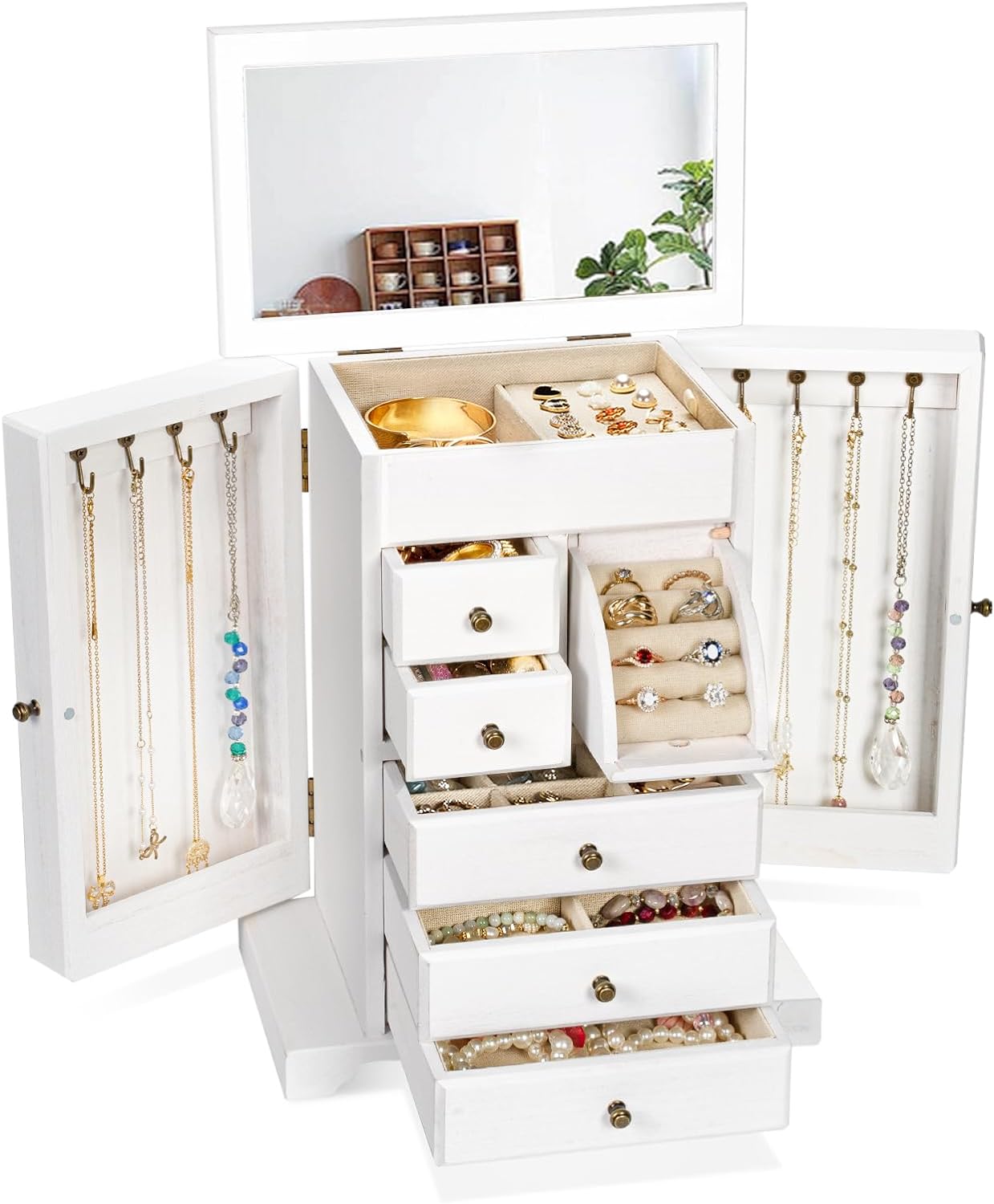 6 Layer Rustic Wooden Jewelry Boxes & Organizers with Mirror