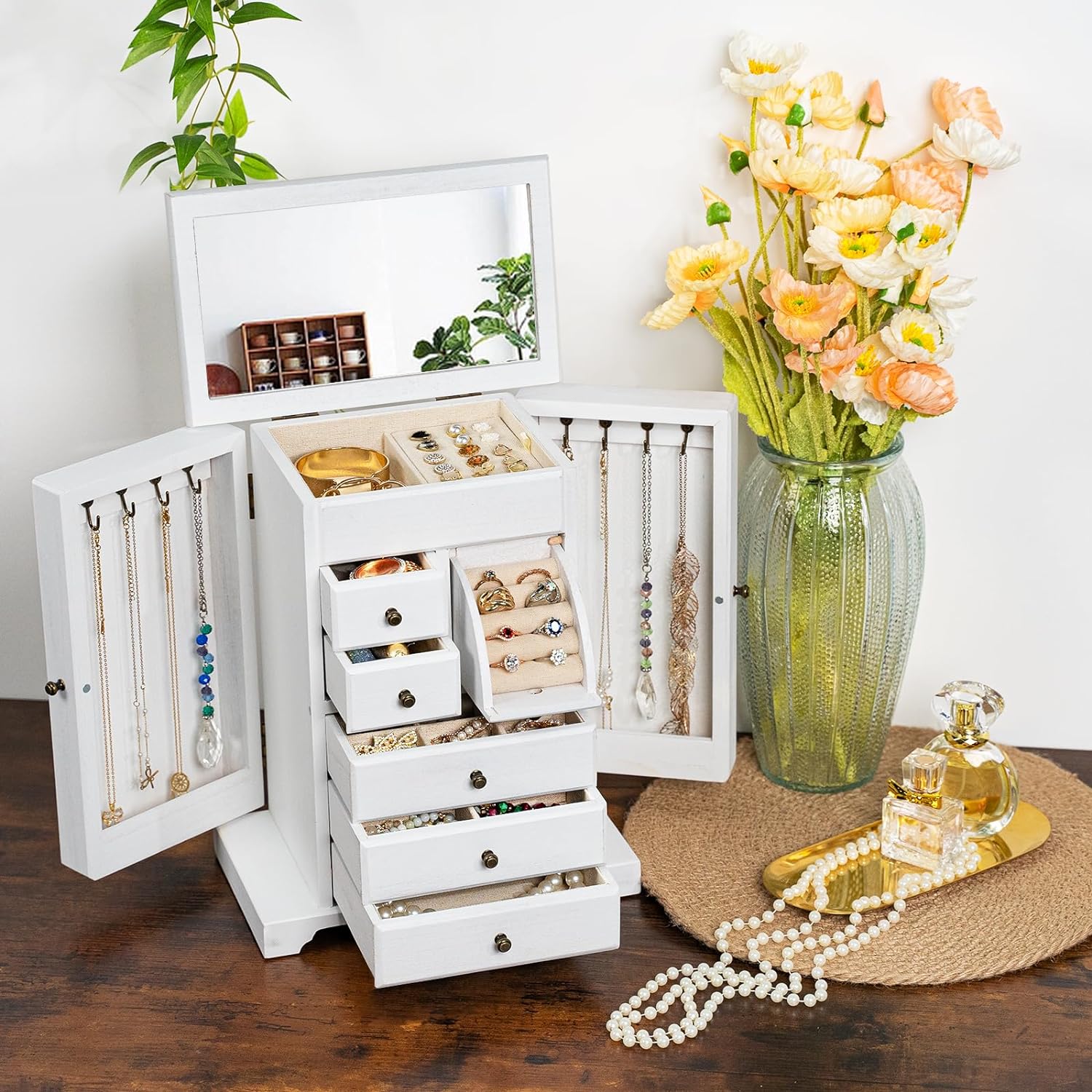 6 Layer Rustic Wooden Jewelry Boxes & Organizers with Mirror