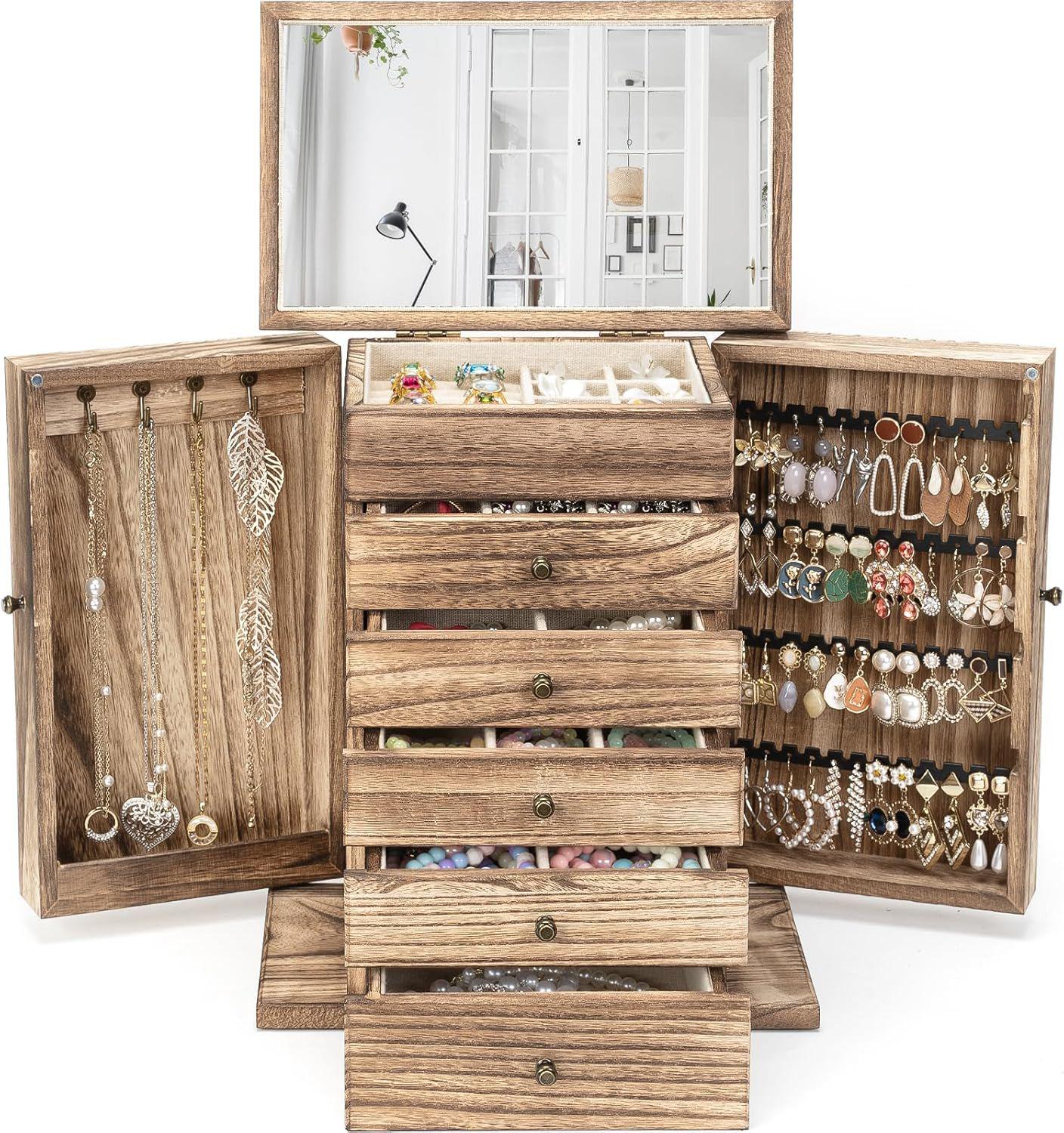 Dinmligt Jewelry Box for Women, 6-Tier Large Jewelry Organizer Boxes with Mirror