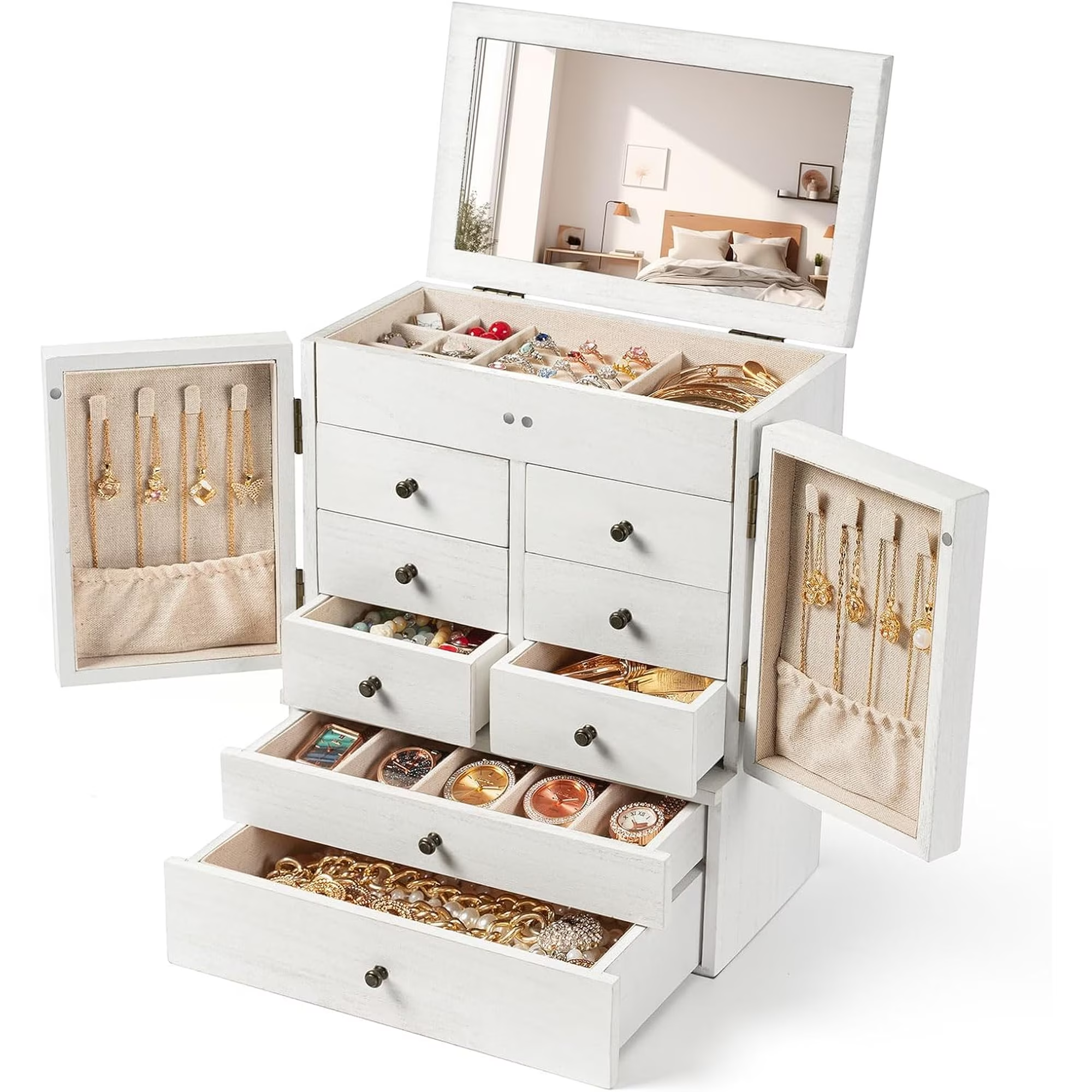 6-Layer Jewelry Box with Mirror & 8 Drawers for Women
