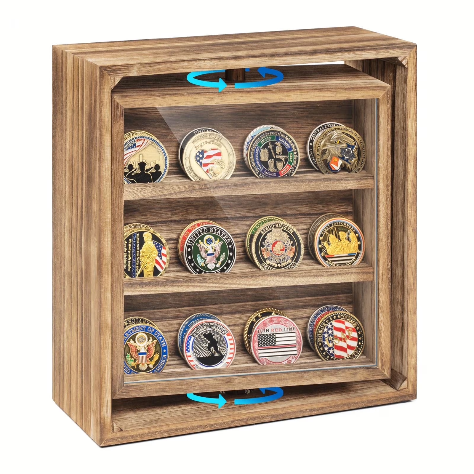 Challenge Coin Display Wooden Double-Sided Rotatable Case Organizer Box