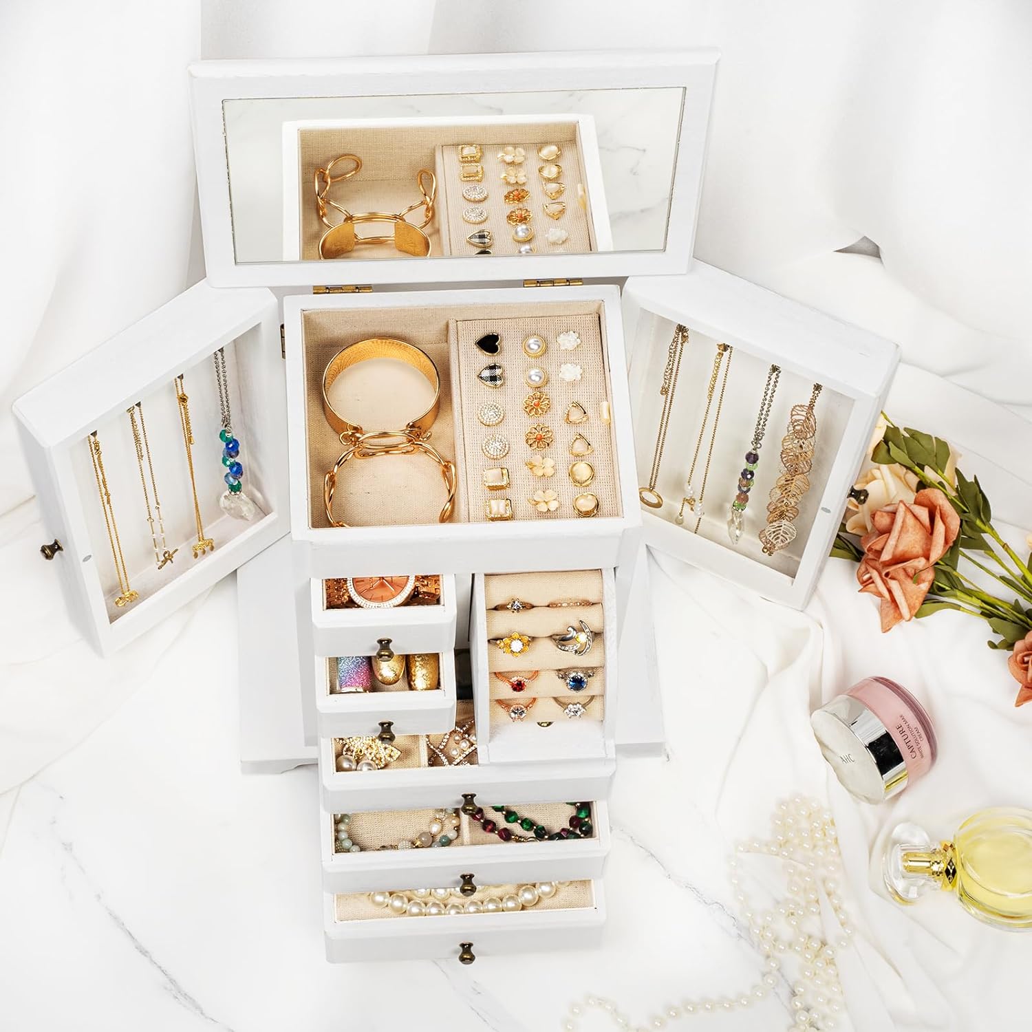 6 Layer Rustic Wooden Jewelry Boxes & Organizers with Mirror