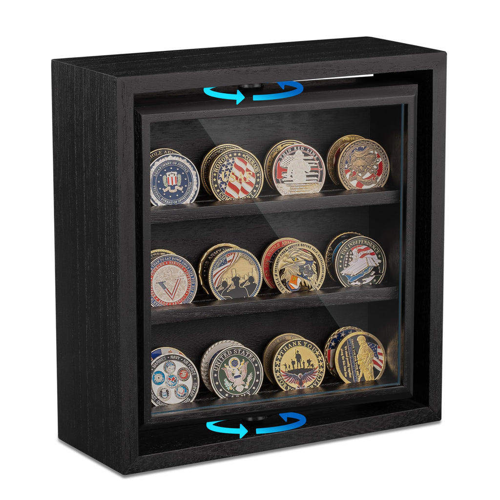 Challenge Coin Display Wooden Double-Sided Rotatable Case Organizer Box