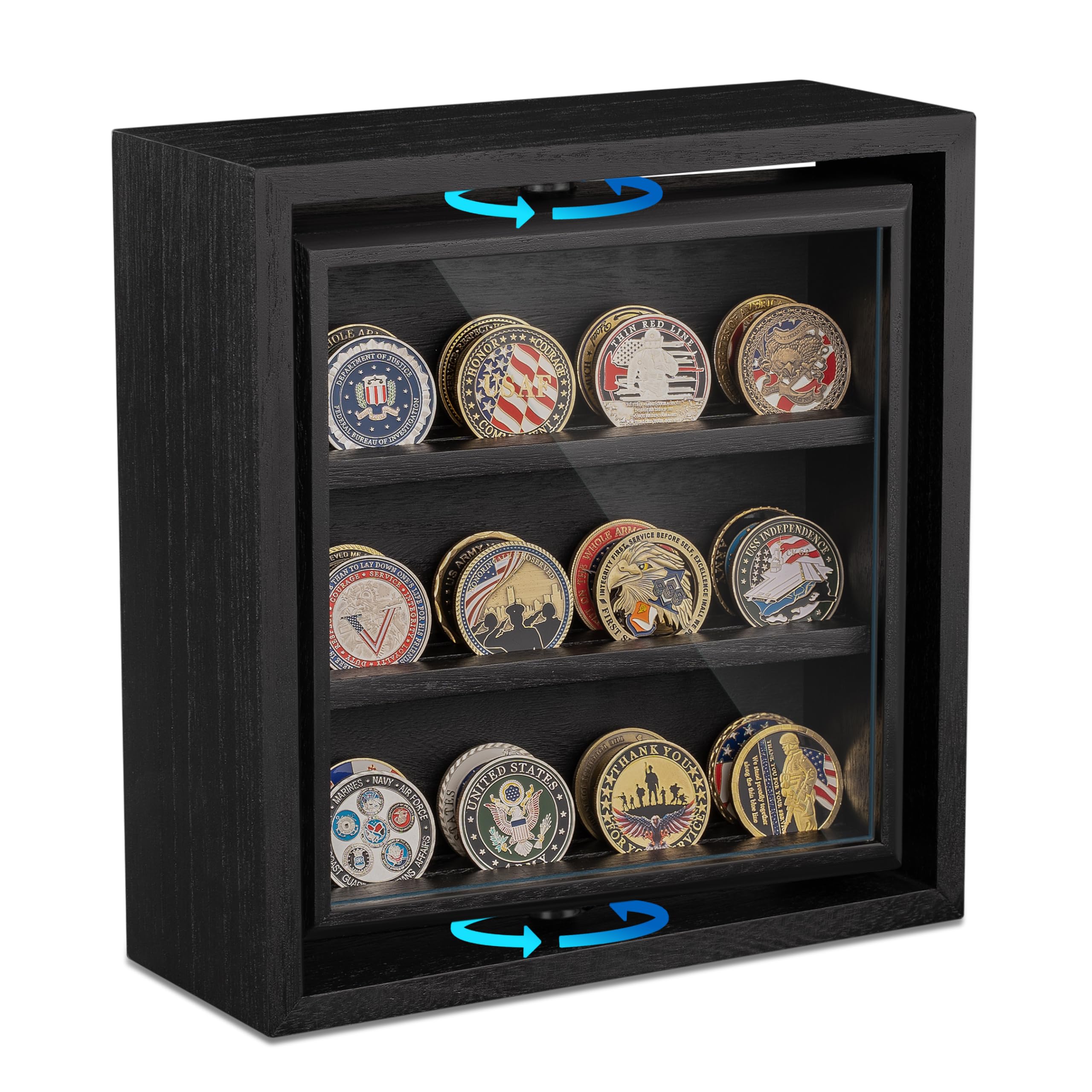 Challenge Coin Display Wooden Double-Sided Rotatable Case Organizer Box