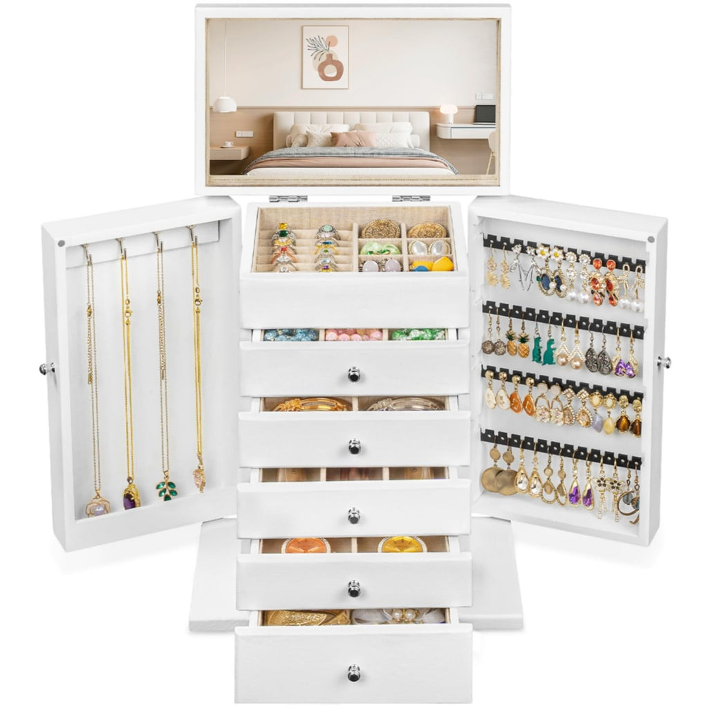 Dinmligt Jewelry Box for Women, 6-Tier Large Jewelry Organizer Boxes with Mirror