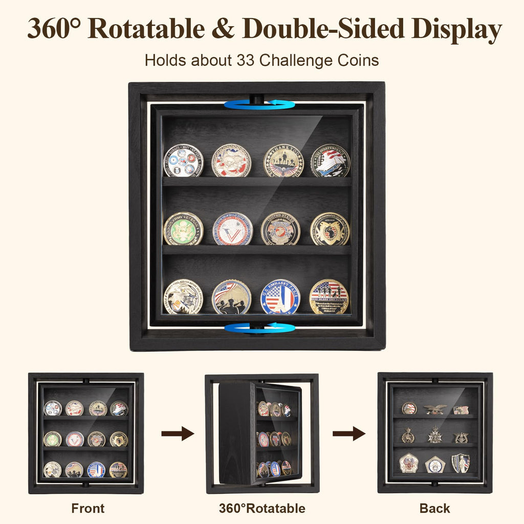 Challenge Coin Display Wooden Double-Sided Rotatable Case Organizer Box